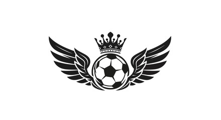 A stylized black and white graphic of a soccer ball adorned with a crown and wings.