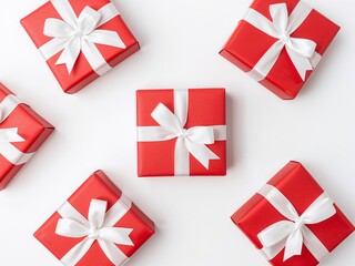 Obraz premium Elegant red gift boxes with white ribbons for festive holiday celebrations and cheerful present giving, perfect for Christmas and birthdays