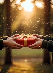 Hands exchanging a red gift box with golden ribbon in soft bokeh light