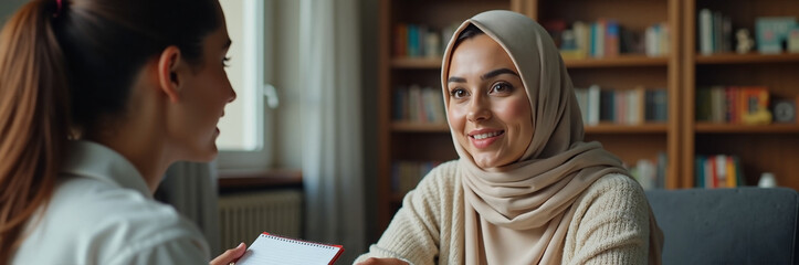 Muslim woman in hijab during consultation with professional advisor. Muslim woman smiling listens attentively during meeting, taking notes for future reference, perhaps financial or career advice.
