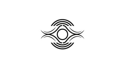 A minimalist black and white abstract symbol resembling an eye or a portal with concentric circles and flowing lines.