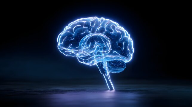 Glowing blue outline of the human cerebrum illuminates a dark environment