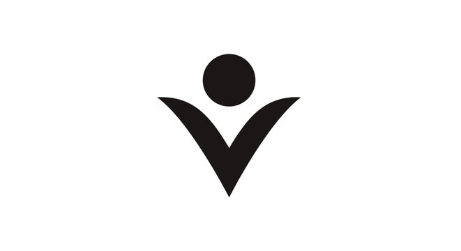 A minimalist black and white logo featuring a stylized human figure with arms raised, resembling a 'V' shape with a circle head, symbolizing victory, freedom, or success.