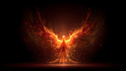 Mythical fiery bird figure rises with bright glowing wings against a dark background