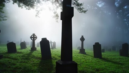 Eerie Cemetery: Fog-Shrouded Tombstones in Morning Light, Graveyard Serenity - Powered by Adobe