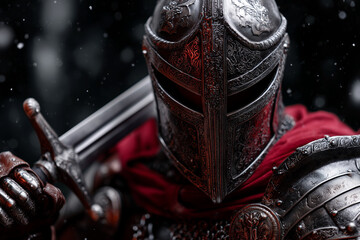 Fototapeta premium A knight is holding a sword and shield