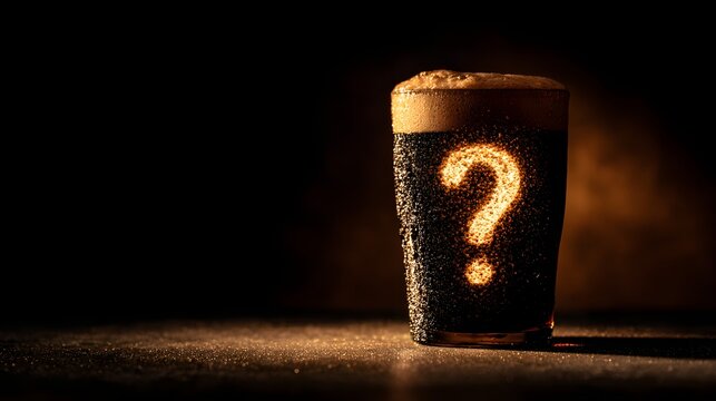 Glowing question mark illuminates dark beverage inside condensation covered glass