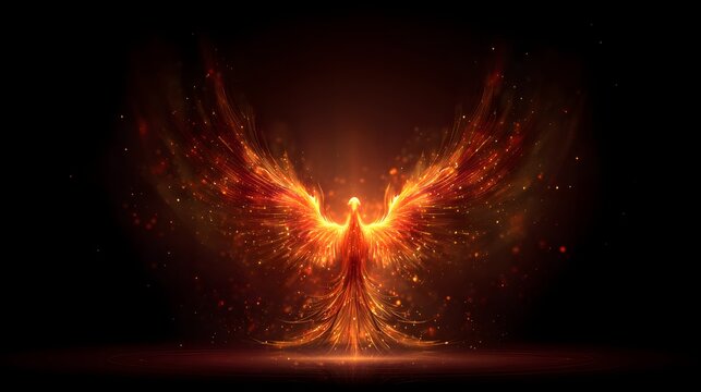 Mythical fiery bird figure rises with bright glowing wings against a dark background