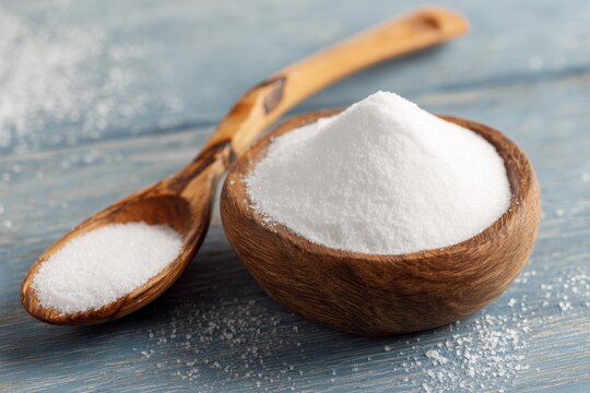Natural MSM in Rustic Wooden Spoon. Pure White Ingredient for Culinary Delights