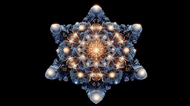 Intricate glowing crystalline star shape illuminates dark background with complex fractal patterns