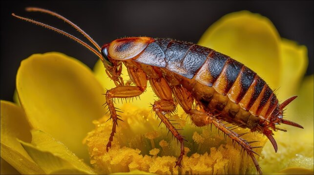 Asian Cockroach Nymph (Blattella asahinai) Grooming Antennae on Vibrant Yellow Blossom in Houston's Springtime