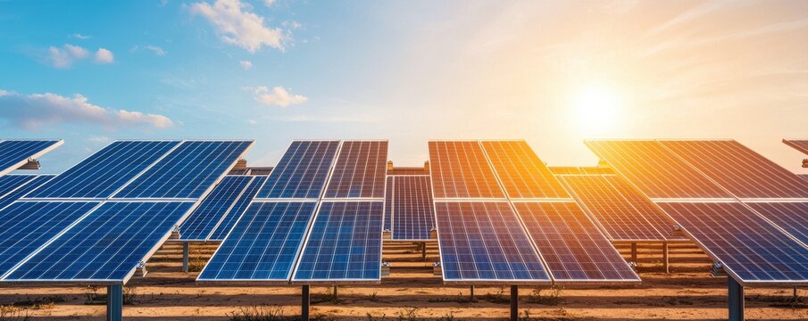 A vibrant solar farm under a bright sky showcasing rows of solar panels capturing sunlight for renewable energy.