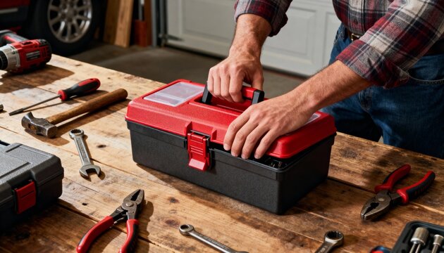 Dad opening toolbox to repair in natural garage light with focused mood and detailed on workbench