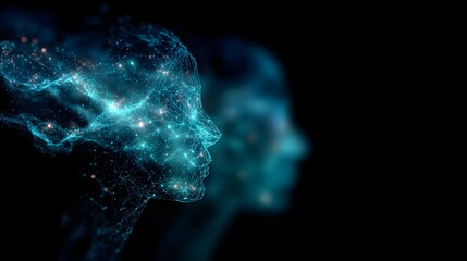 Glowing digital outline representing a thinking human profile emerges from darkness