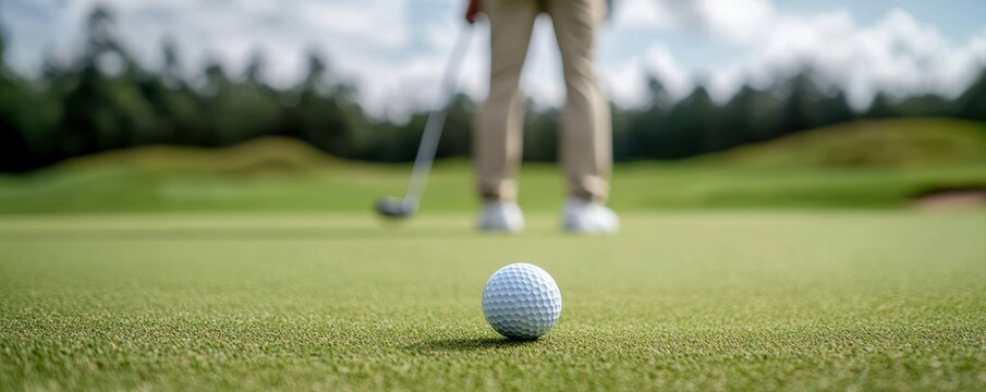 A golfer prepares to take a shot on the green, with a focus on the golf ball resting on the lush grass under a bright sky.