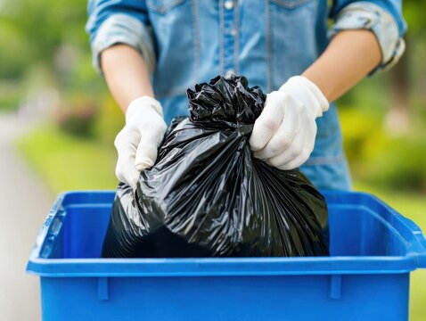 A person wearing gloves disposes of a black garbage bag into a blue recycling bin, emphasizing waste management and cleanliness.
