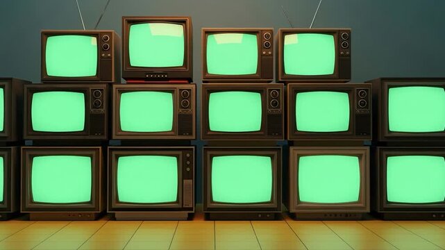 Retro Television Wall Green Screens Animated Loop Old School Media Center Display.