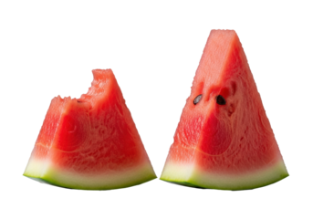 Macro, low-angle shot of two ruby red watermelon slices, one bitten, isolated on transparent, dramatic backlighting emphasizing dewy flesh, seeds, rind, and green skin, refreshing food concept
