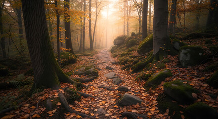 A path covered in leaves through a forest with trees and rocks and a foggy background landscape ai generated