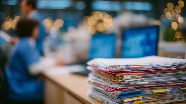 189Close-up of stacked patient records on office desk, detailed view of paper edges and handwritten notes, subtle blur in background for depth