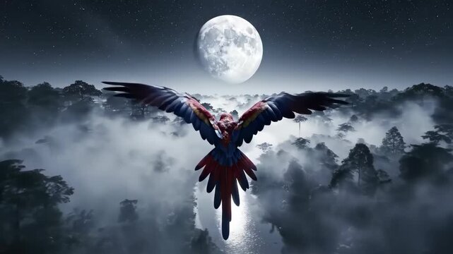 Misty rainforest moonlit night macaw parrot flying, scarlet macaw spreading wings under fog