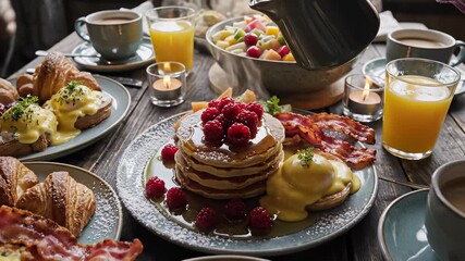 Fluffy araffe pancakes piled high with sweet berries and golden syrup, warm cup of coffee, glass of orange juice, and crispy bacon perfectly capture the leisurely morning meal concept.