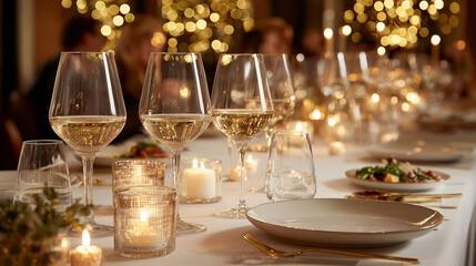 Elegant table setting ready for guests, featuring fine glassware and sumptuous dishes, perfect for advertising festive dinners and restaurant promotions.