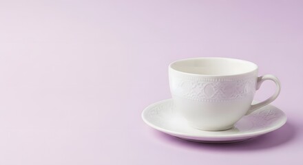 Fototapeta premium Clean white coffee cup and saucer on a soft purple background