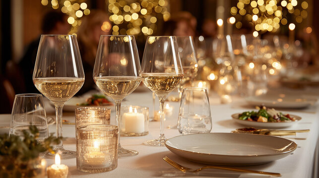 Elegant table setting ready for guests, featuring fine glassware and sumptuous dishes, perfect for advertising festive dinners and restaurant promotions.