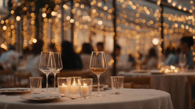 Elegant dining table set for a festive dinner with candles and beautiful glassware, perfect for romantic evenings or special occasions.