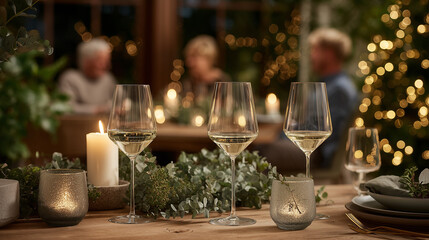 Elegant Christmas dinner setting with wine glasses, candlelight, and festive decorations, perfect for holiday gatherings and celebrations.