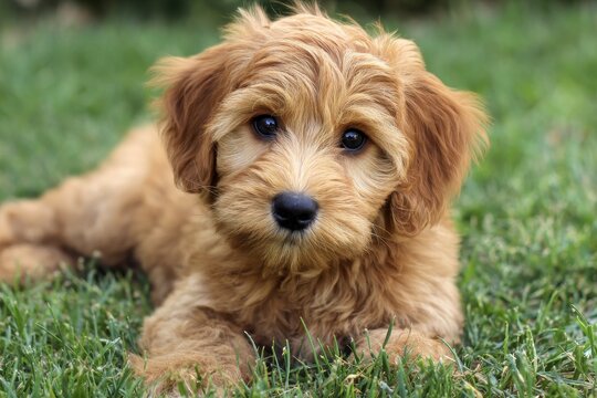 Playful Australian Labradoodle Puppy Enjoying the Sun in a Lush Green Yard