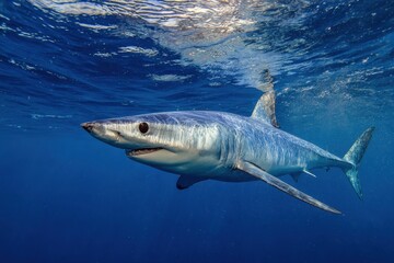 Obraz premium Majestic Shortfin Mako Shark Gliding Through Crystal Blue Waters of the Ocean