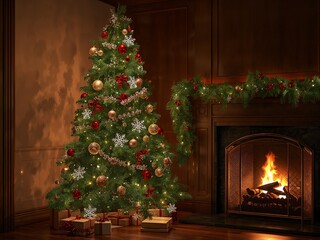 Experience the cozy warmth of Christmas with a beautifully decorated tree and fireplace, perfect for holiday promotions and seasonal greetings