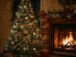 Cozy Christmas Eve scene with decorated tree, presents, and warm fireplace, perfect for holiday promotions and creating a festive mood