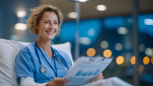 209Nurse monitoring patient recovery in hospital room, close-up of professional reviewing chart and interacting with patient, soft ambient light creating calm mood