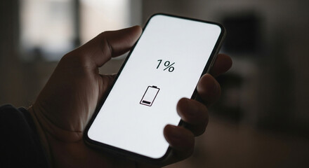 Low battery phone screen in hand displaying 1% warning, technology dependency and emergency charge need