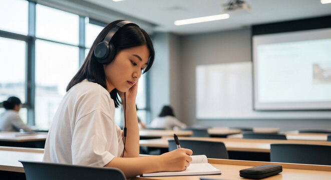 Student using headphones in classroom, focused learning and note-taking in modern educational setting