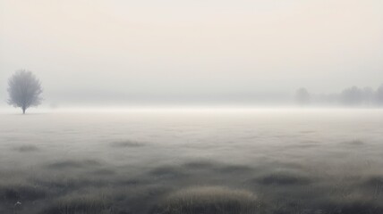 Obraz premium Misty morning landscape with fog covering grassy field and lone tree in the distance