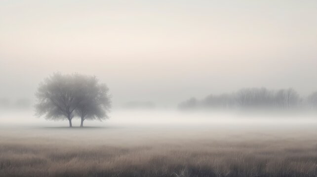 Misty morning landscape with a solitary tree standing in a foggy field at dawn