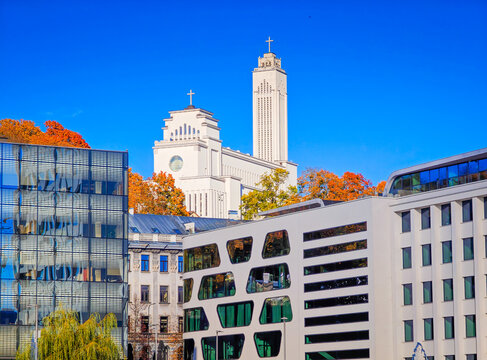Kaunas in autumn. Christ's Resurrection Basilica and BLC - Business Leaders Center