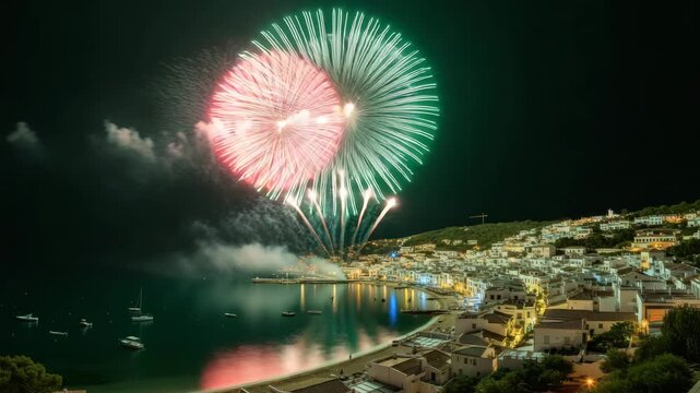 Fireworks illuminate the night sky over the coastal town of cadaqus, spain