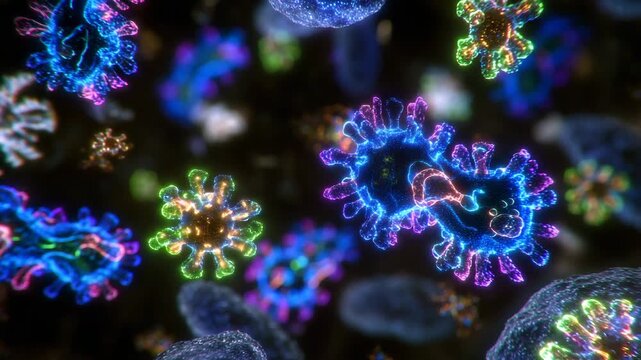 Advanced microscopy of bacteria, neon-colored cellular structures, intricate microbial forms, scientific research visualization, dark background enhancing details