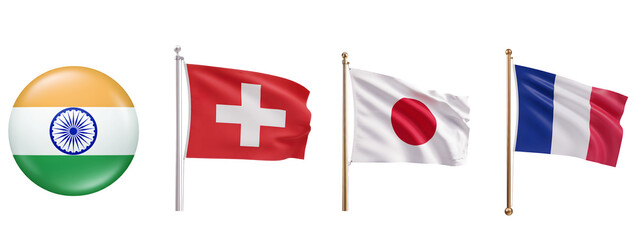 Flags of india, switzerland, japan, and france, symbolizing international relations, global cooperation, and patriotism.
