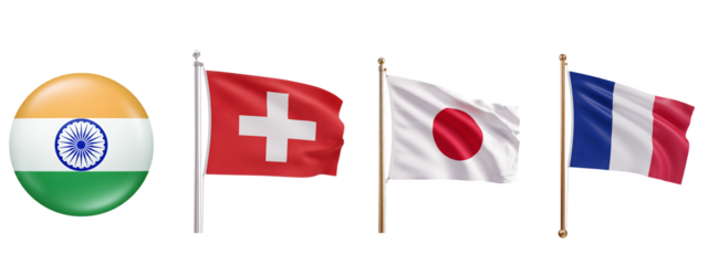 Flags of india, switzerland, japan, and france, symbolizing international relations, global cooperation, and patriotism.