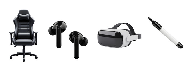 Modern technology collection: ergonomic gaming chair, wireless earbuds, virtual reality headset, and marker