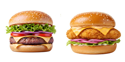 Delicious combo: savory beef burger with fresh veggies and crispy chicken burger with cheese, isolated