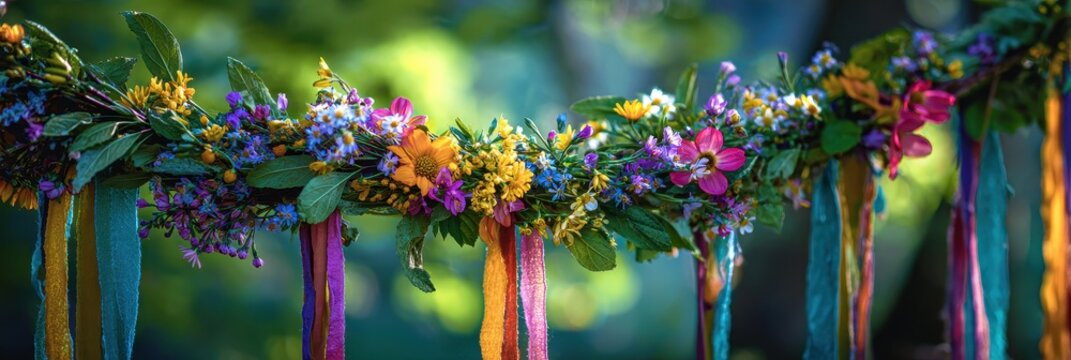 Vibrant Beltane Celebration: Colorful Floral Wreath with Ribbons Against a Lush Garden Backdrop