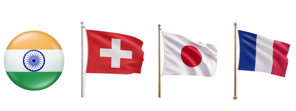 Flags of india, switzerland, japan, and france, symbolizing international relations, global cooperation, and patriotism.