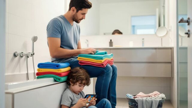 Father folding colorful towels while his son watches cartoons on a smartphone